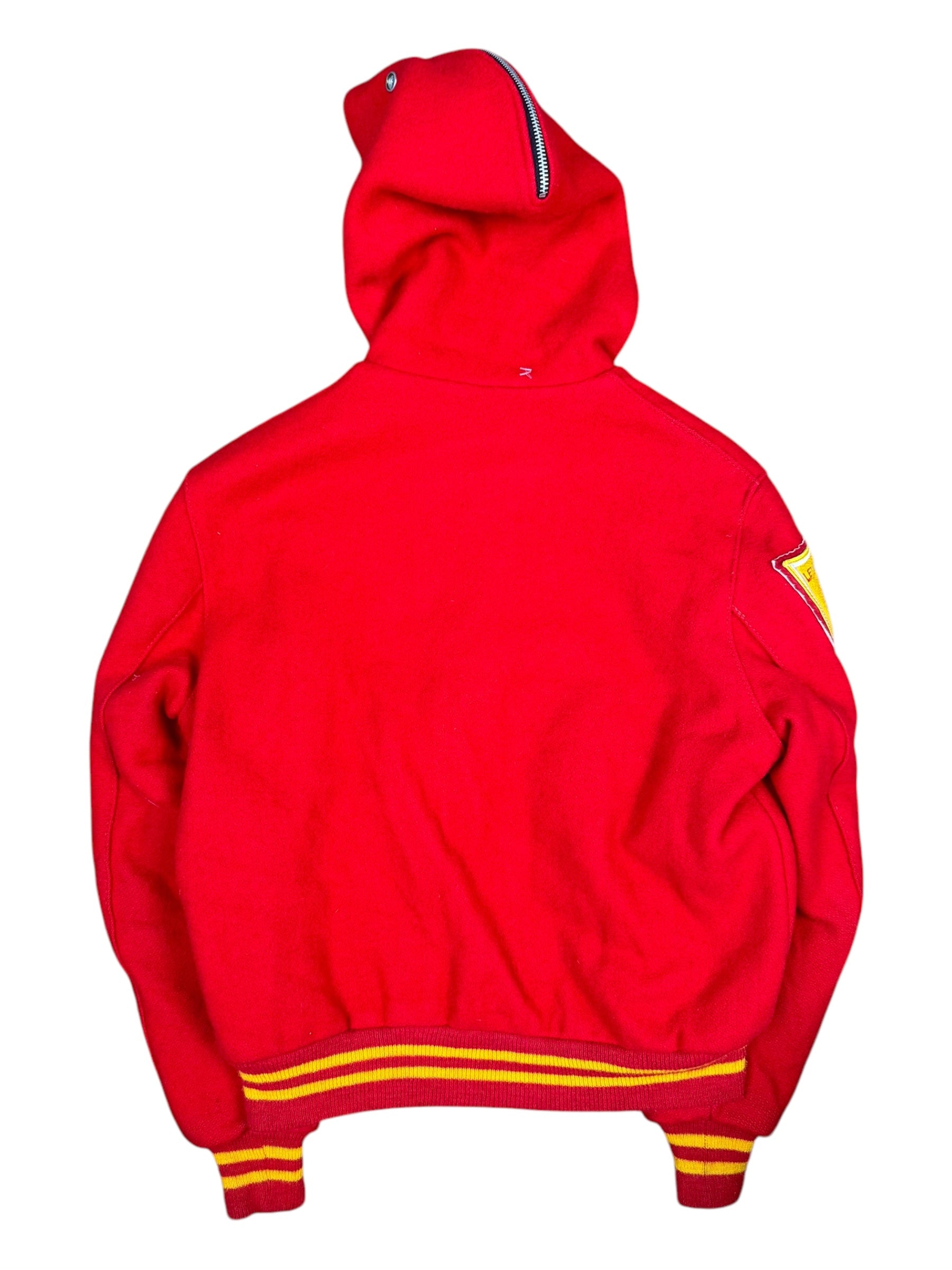 "P Wing" Wool Letterman Varsity Jacket Size L Red/Gold Delong Split Hood