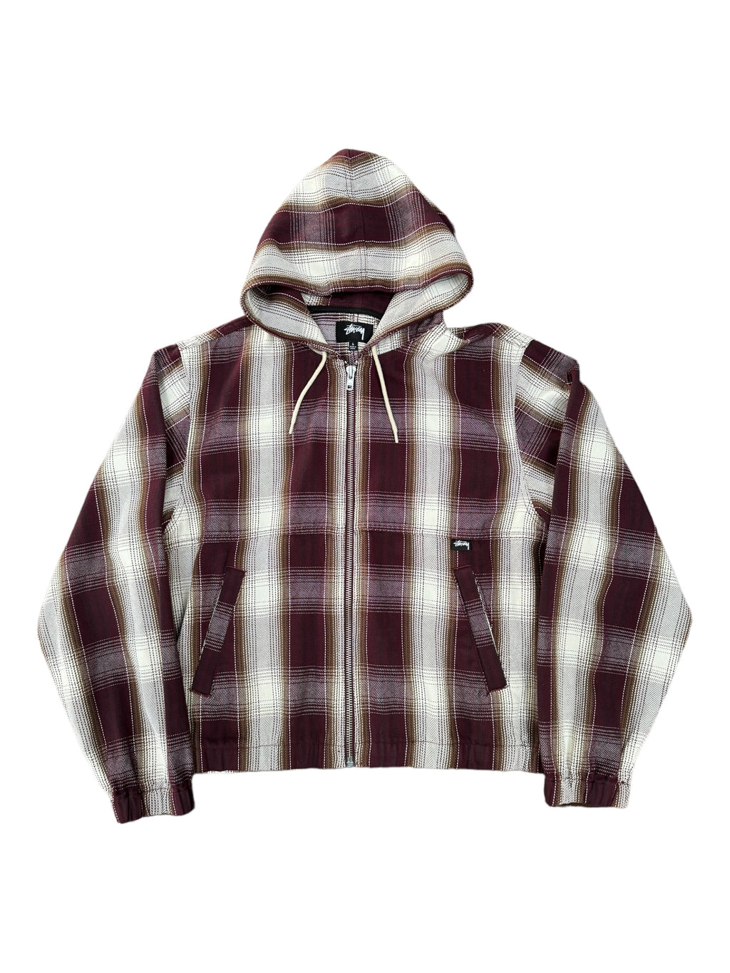Stussy Burgundy Plaid Hooded Zip Up Jacket Size Large