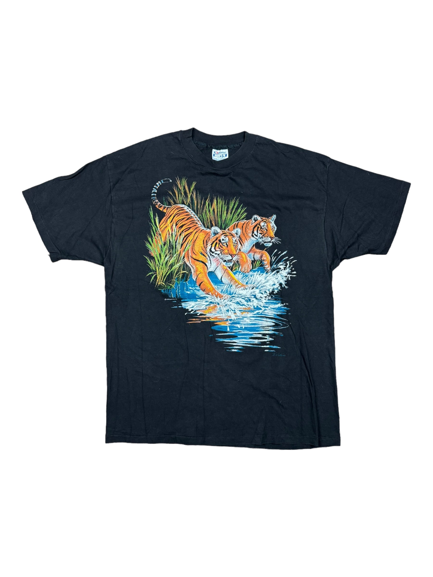 Tigers in Water 90s Nature T Shirt Liquid Blue Style XL