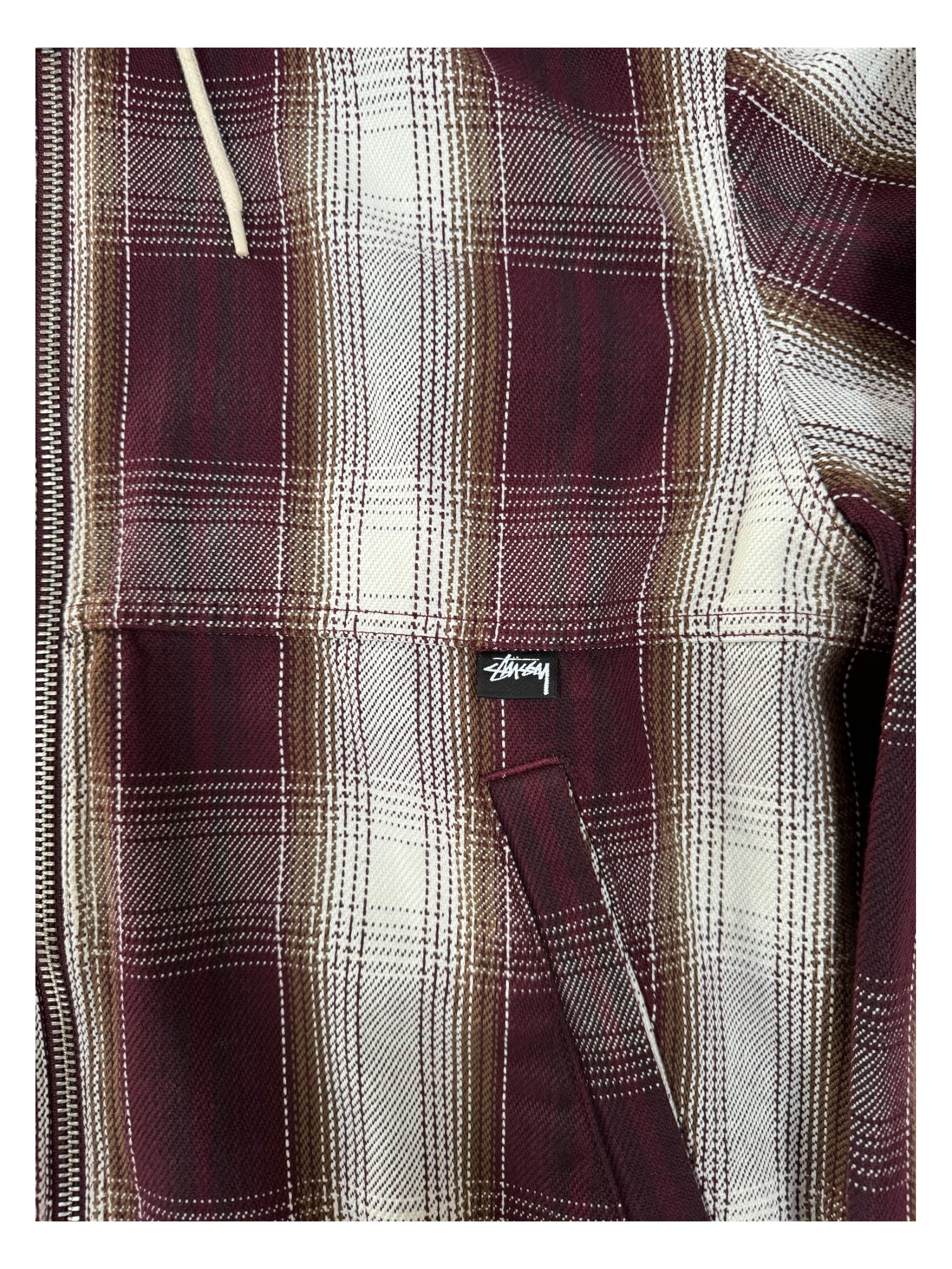 Stussy Burgundy Plaid Hooded Zip Up Jacket Size Large