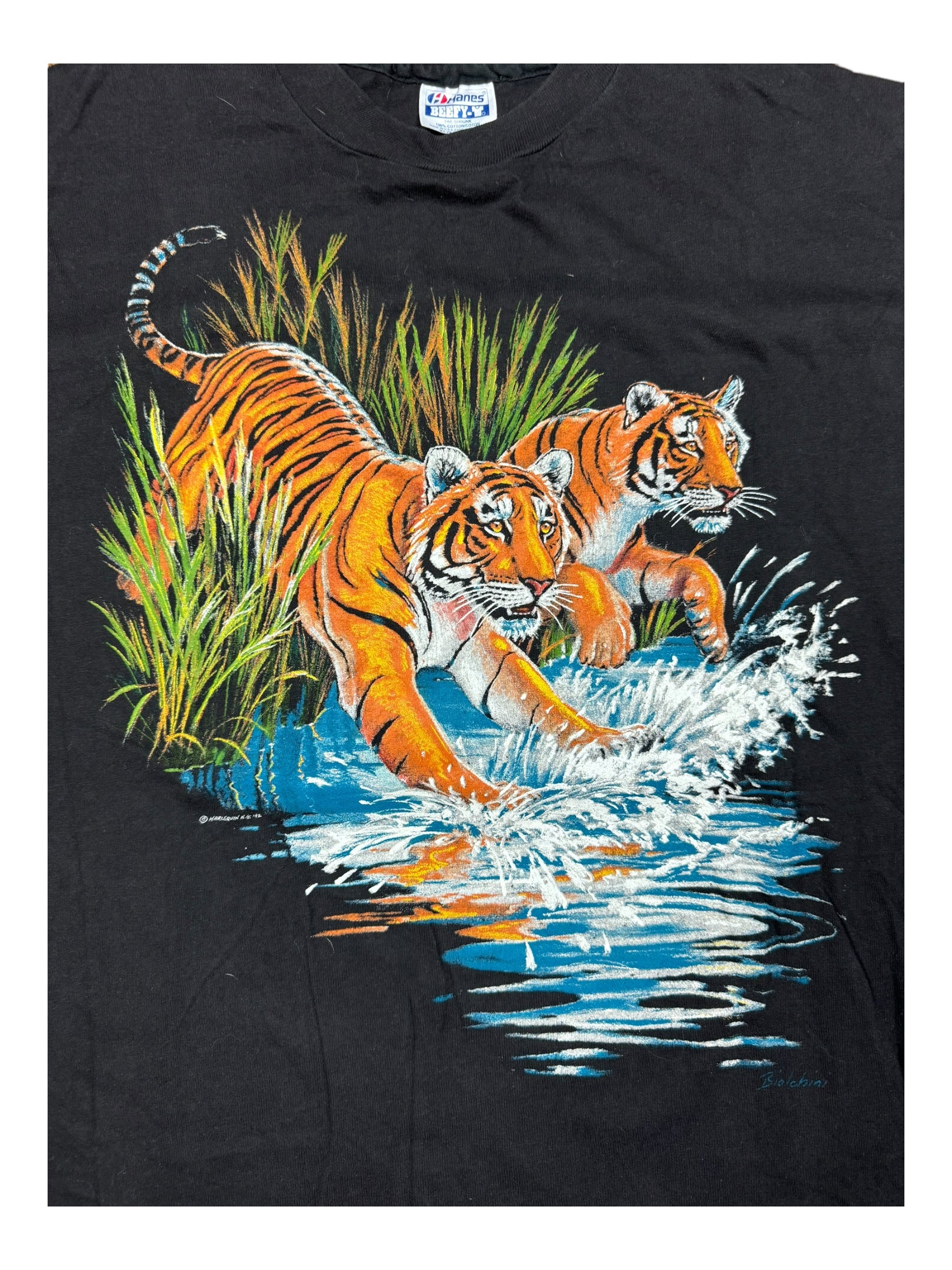 Tigers in Water 90s Nature T Shirt Liquid Blue Style XL
