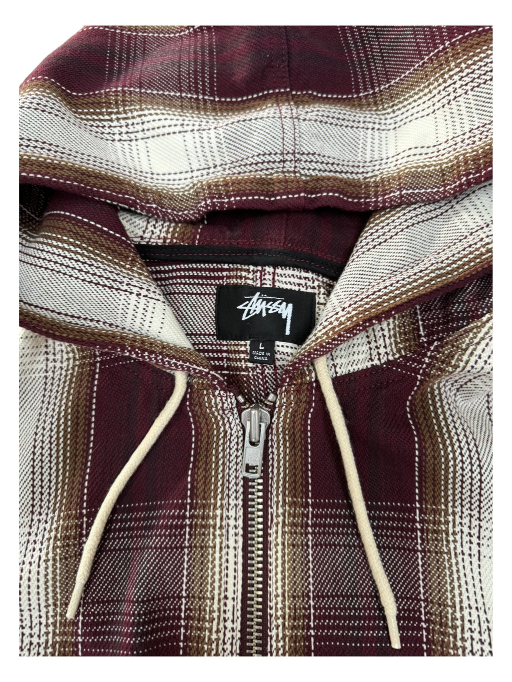 Stussy Burgundy Plaid Hooded Zip Up Jacket Size Large
